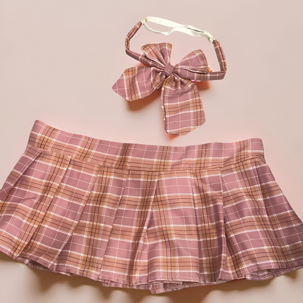 Plaid Pink Micro Skirt with Bow Accessory
